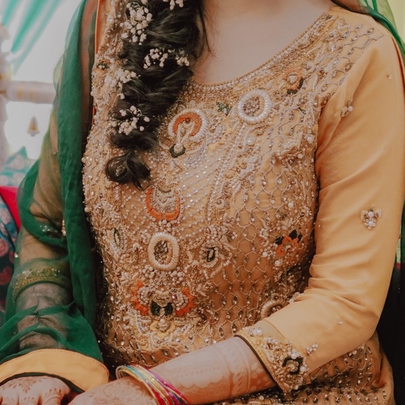 Indian Pakistani Bridal Mehndi Jamawar Lehenga Kameez Dress - Picture 3 of 8